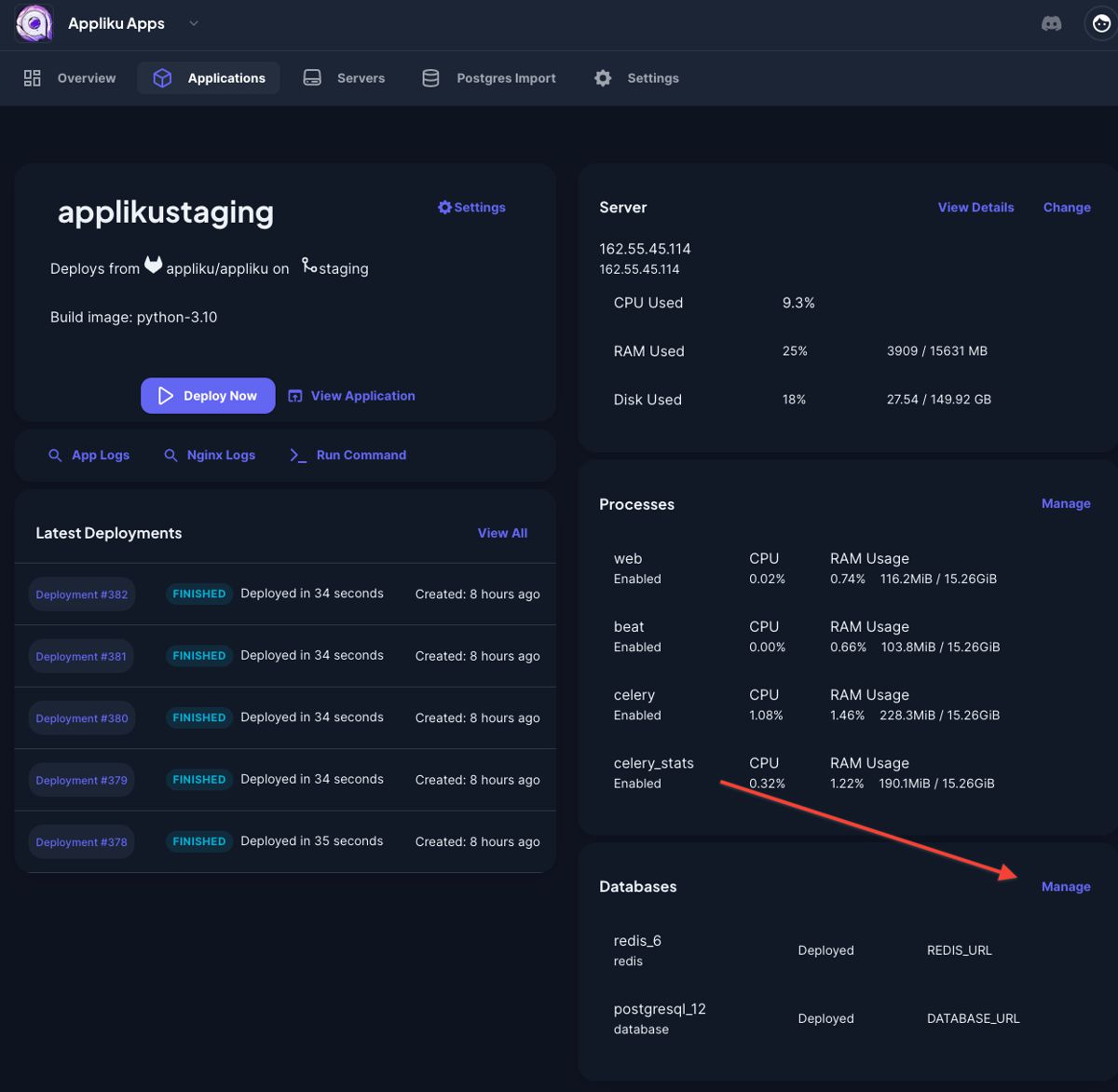 Manage databases link