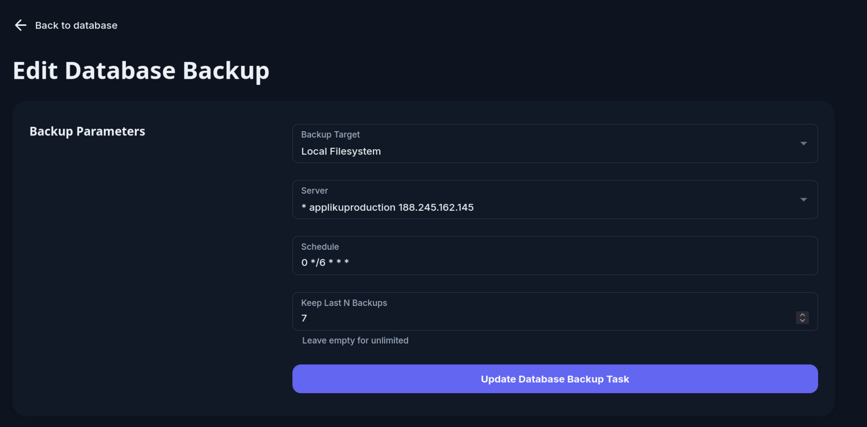 Edit backup form with Keep Last N Backups field