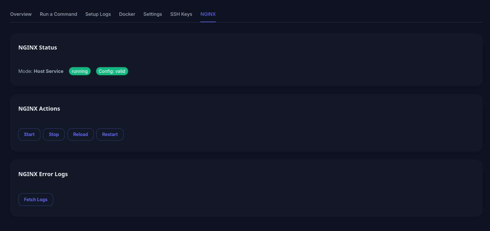 Server Nginx tab showing status, actions, and error logs