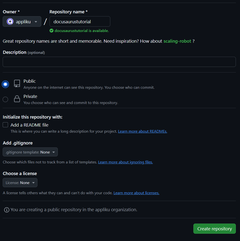 Create GitHub repository for Docusaurus Documentation Site