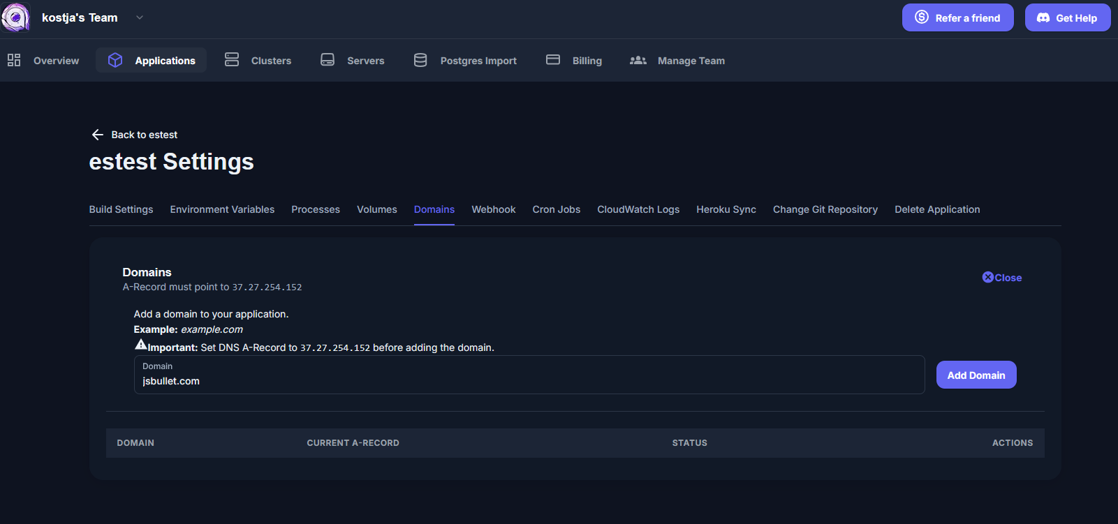 Appliku Domains tab